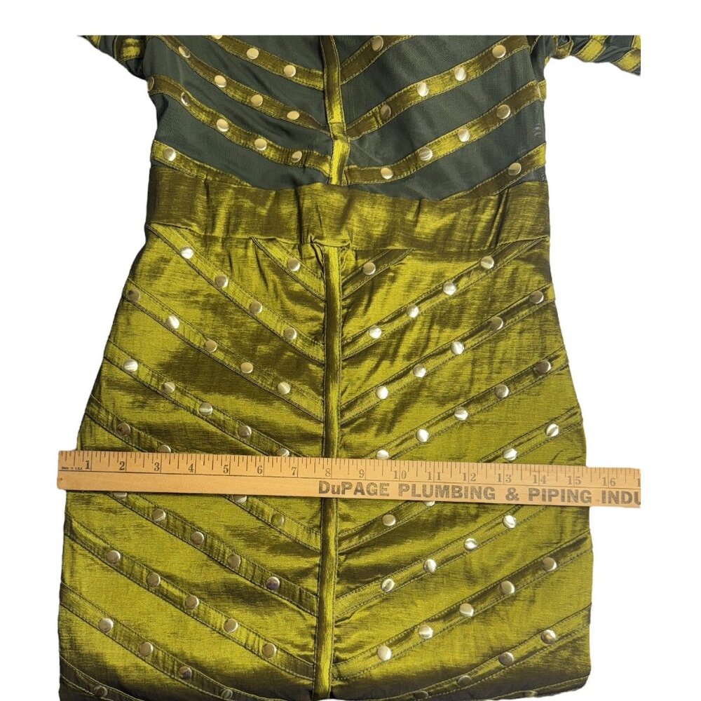 Studded Mesh Bandage Sexy Metallic Green Bodycon Mini Dress - Picture 9 of 10